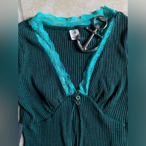 Urban outfitters dark green with a teal lace half button up top. - Picture 11 of 16